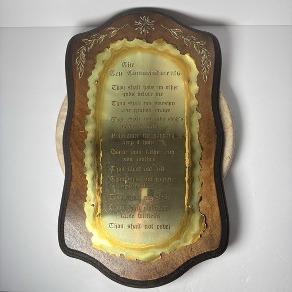 Vintage Home Interiors Homco The Ten Commandments Brass Wood Wall Plaque 10x18 - Picture 1 of 7